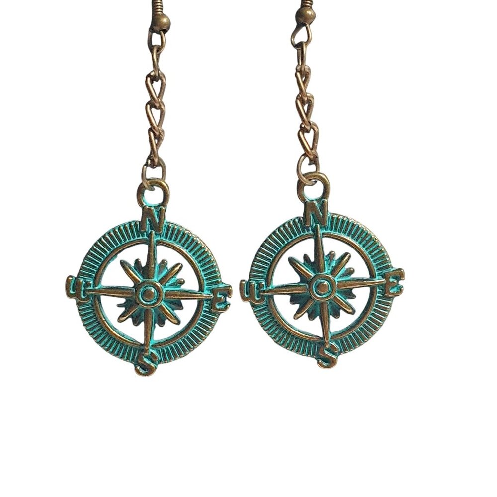 Nautical Compass Dangle Earrings Antique Bronze Patina Chain Hook Beach Core